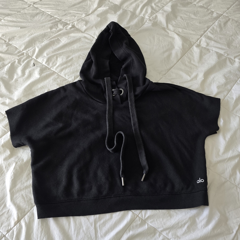 Alo Black Short Sleeve Hoodie - Picture 3 of 7